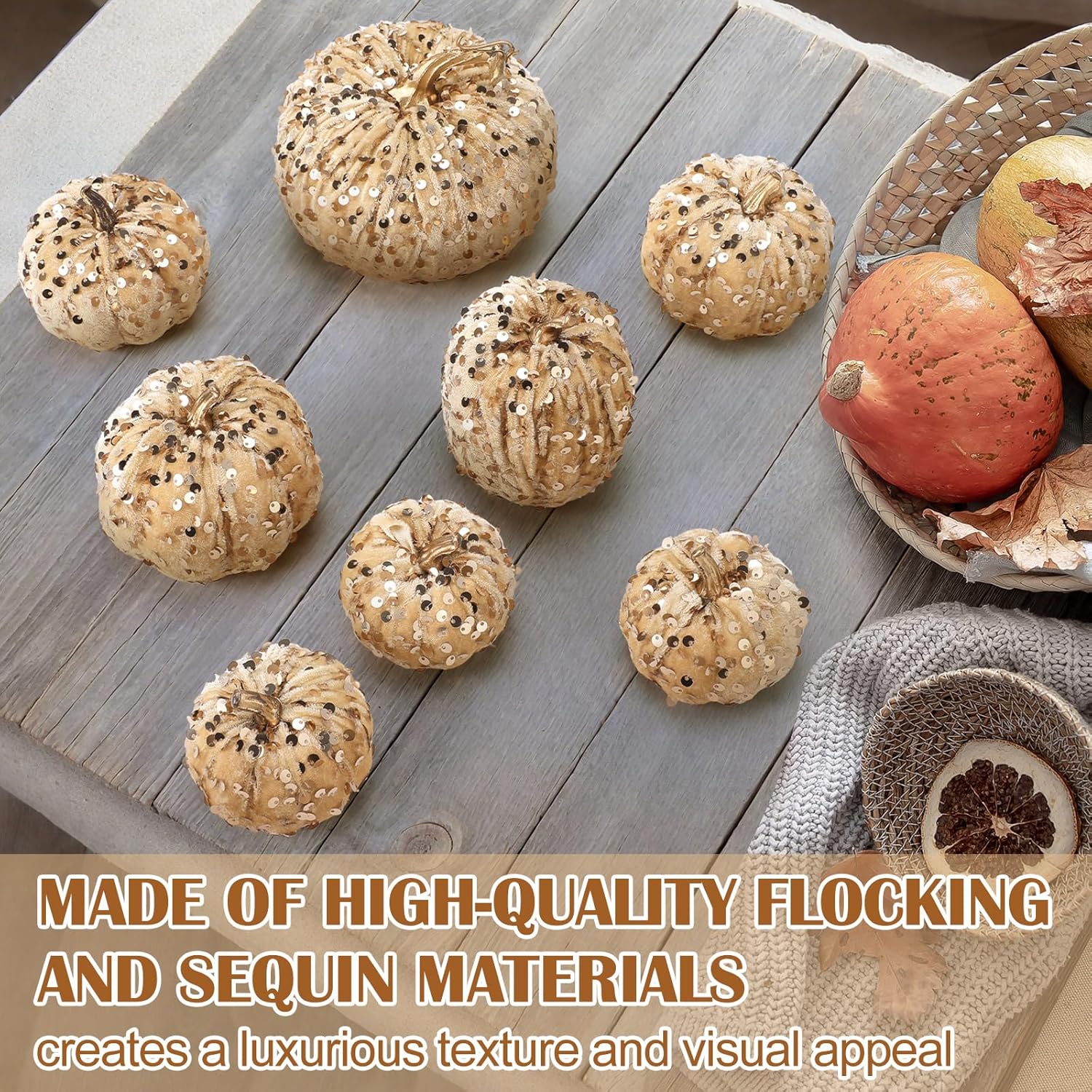 Beeveer 8 Pcs Glitter Velvet Pumpkin Decor Set