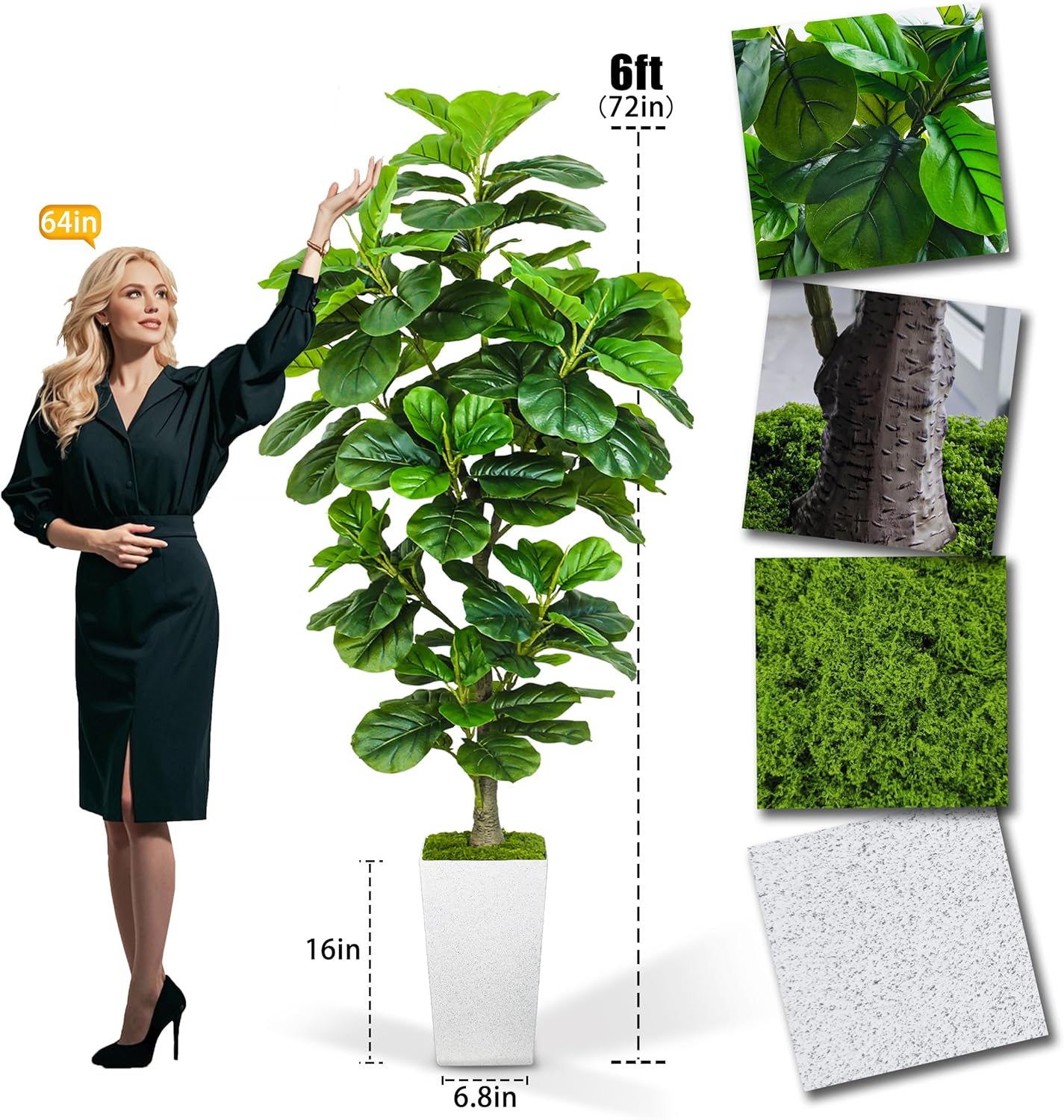 Artificial Fiddle Leaf Fig Tree 6ft with White Planter