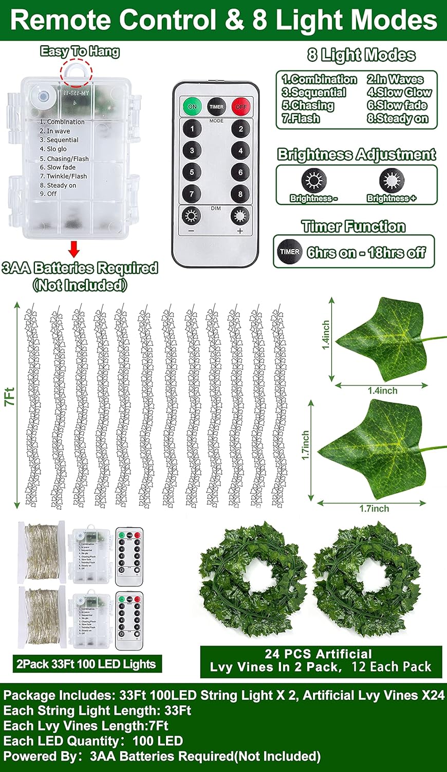 24 Pack Fake Vines with 200 Lights Timer
