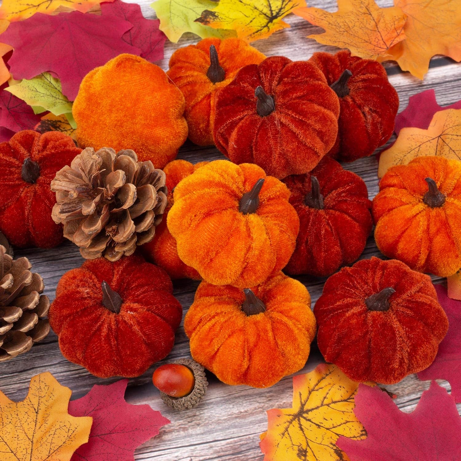 12 Pcs Artificial Orange Velvet Pumpkins Fall Decorations