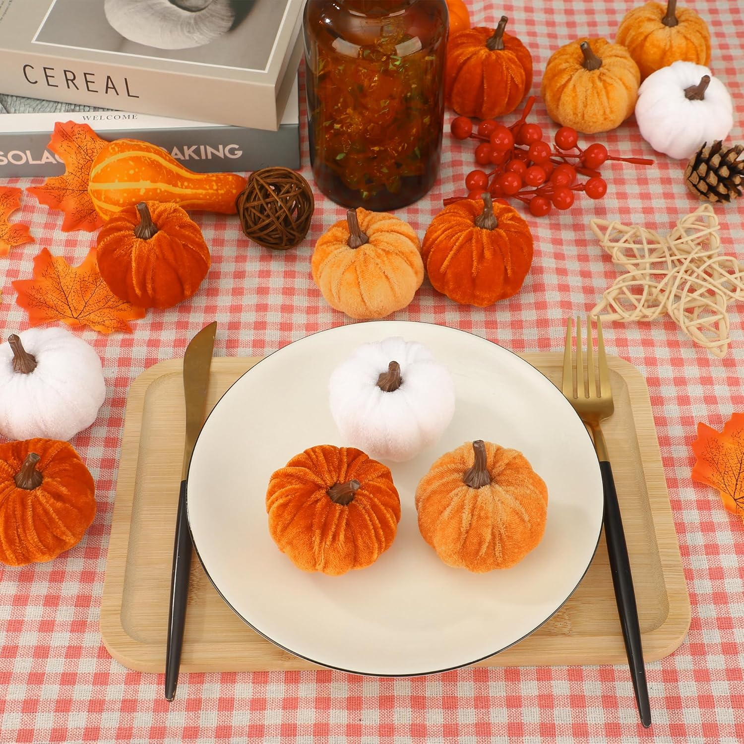 18 Pcs Fall Velvet Pumpkin Decorations