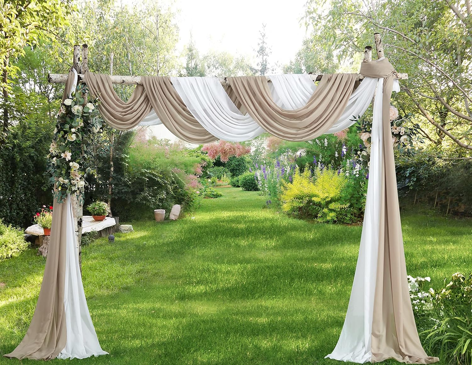 Warm Home Designs White Brown Chiffon Wedding Arch Drapery Fabric 24 Feet
