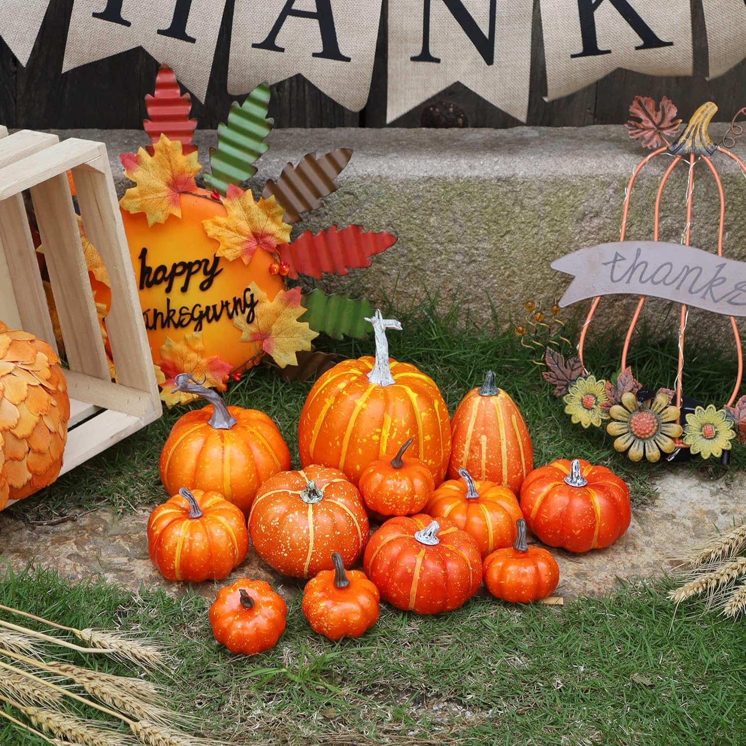 Winemana 12 Pcs Artificial Orange Pumpkins Fall Halloween Decor