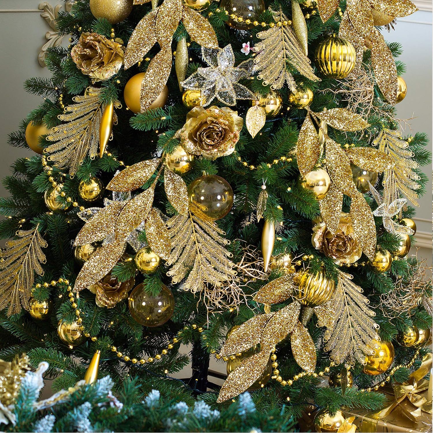 20 Pieces Gold Glitter Artificial Leaf Spray Picks 12 Inch Tall