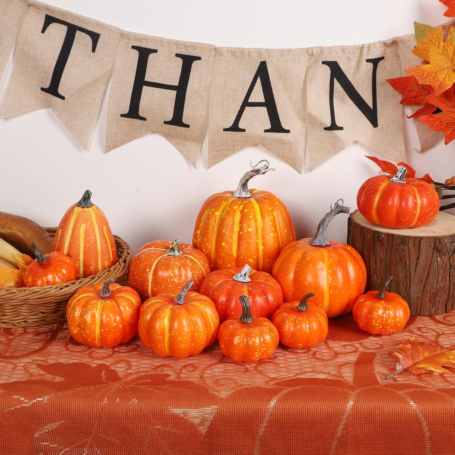 Winemana 12 Pcs Artificial Orange Pumpkins Fall Halloween Decor